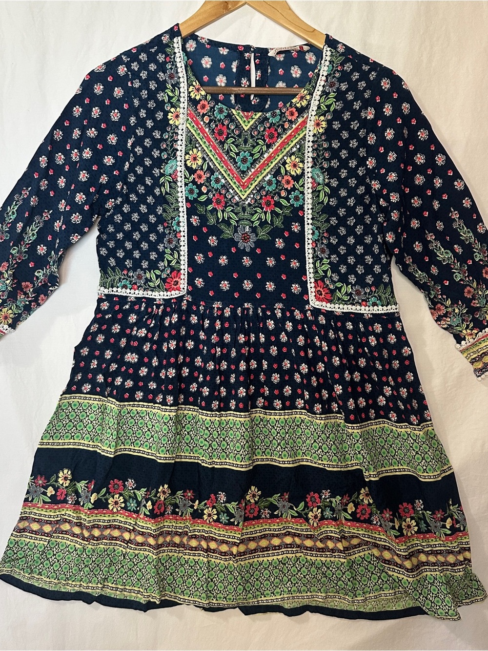 Navy Floral Long Sleeve Boho Dress